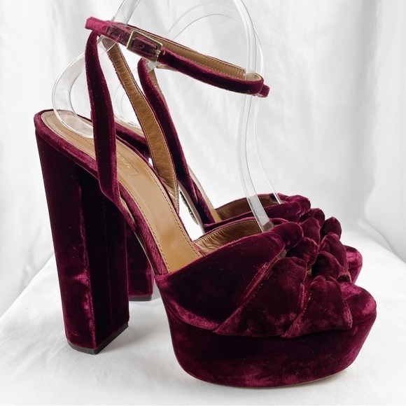 Aquazzura Mira Velvet Platform Open Toe Sandal Heels Burgundy Red EU 40 Cocktail - Picture 2 of 9